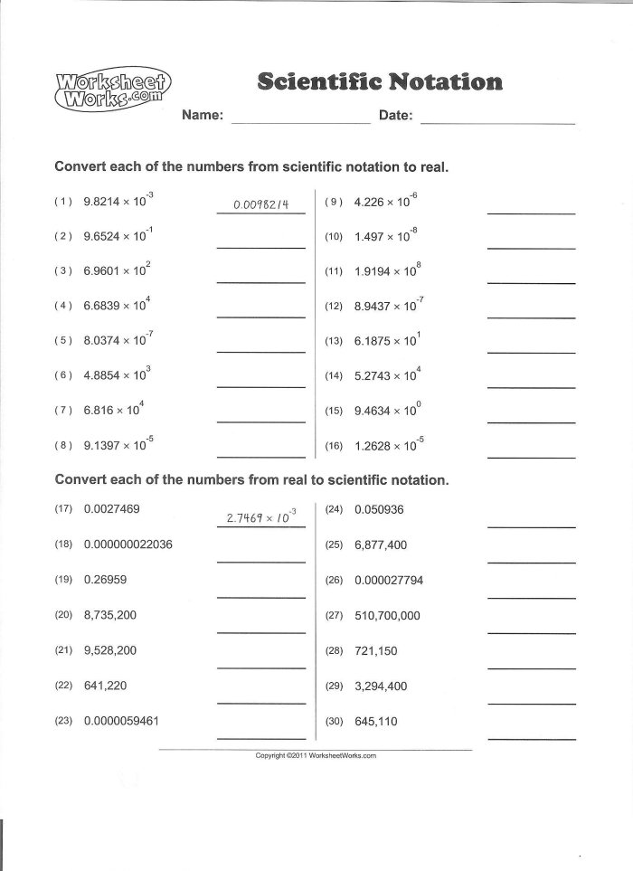 Practice worksheet showing step-by-step examples for combining and finding differences between scientific notation expressions Eighth grade students solving addition and subtraction problems with numbers written in scientific notation format