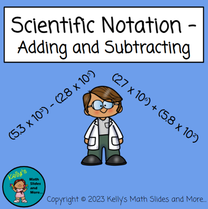 Practice worksheet for students learning to add and subtract scientific notation with detailed instruction guide Eighth grade math worksheet showing step-by-step examples of adding and subtracting numbers written in scientific notation format