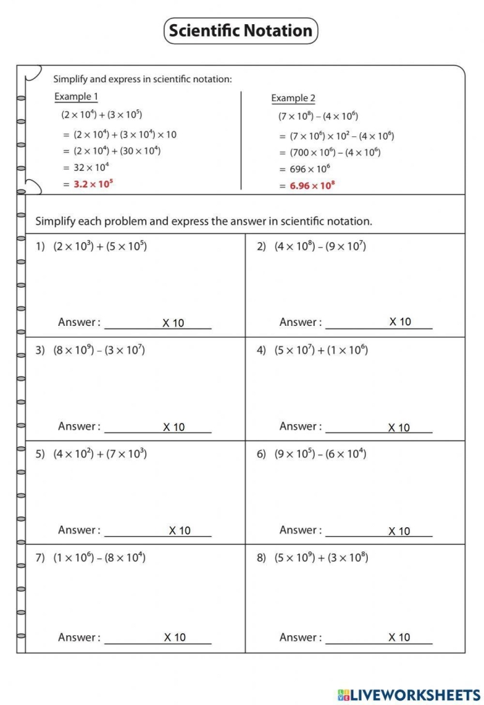 Step-by-step guide for adding and subtracting scientific notation problems with worked examples Eighth grade students solving addition and subtraction problems with numbers written in scientific notation format on a practice worksheet