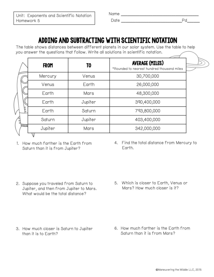 Practice worksheet example 19 demonstrating how to add and subtract scientific notation with detailed solution steps Eighth grade math worksheet showing step-by-step instructions for adding and subtracting numbers written in scientific notation format