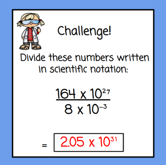 Step-by-step guide showing how to add and subtract scientific notation expressions for middle school math division unit Eighth grade students solving addition and subtraction problems with numbers displayed in scientific notation format on a practice worksheet