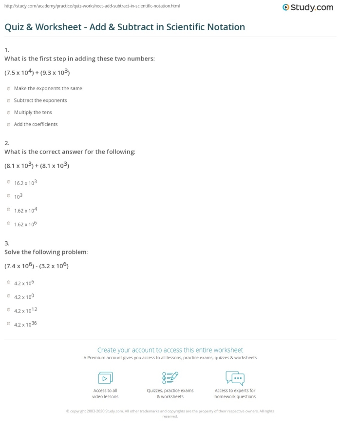 Adding and Subtracting Numbers in Scientific Notation Practice Worksheet 16 Eighth grade math worksheet on adding and subtracting numbers in scientific notation with step-by-step guidance