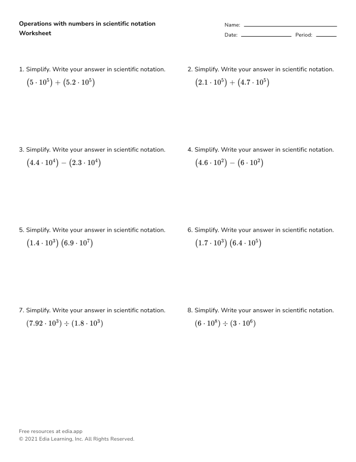 Operations With Numbers in Scientific Notation Worksheet 12 Eighth grade math worksheet focusing on calculations with scientific notation problems