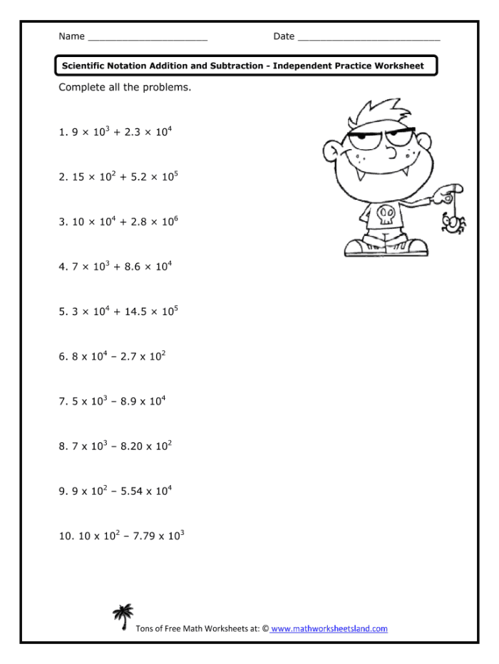 Eighth grade math worksheet showing students how to calculate products and quotients using scientific notation