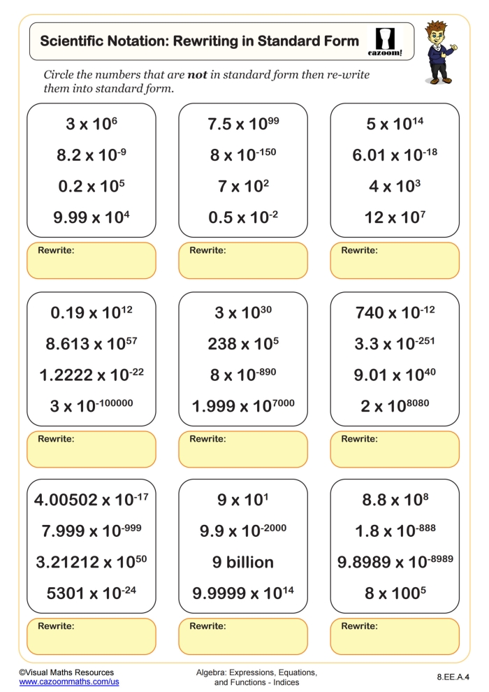 Eighth grade students learning to convert numbers between scientific notation and standard form on a worksheet handout