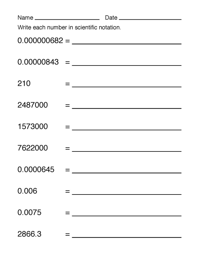 Practice worksheet for understanding scientific notation and standard form Worksheet for eighth graders on converting numbers into scientific notation