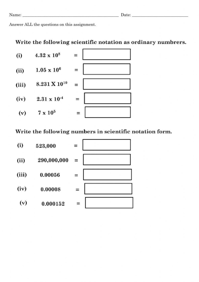Eighth grade worksheet handout explaining scientific notation and standard form conversion methods