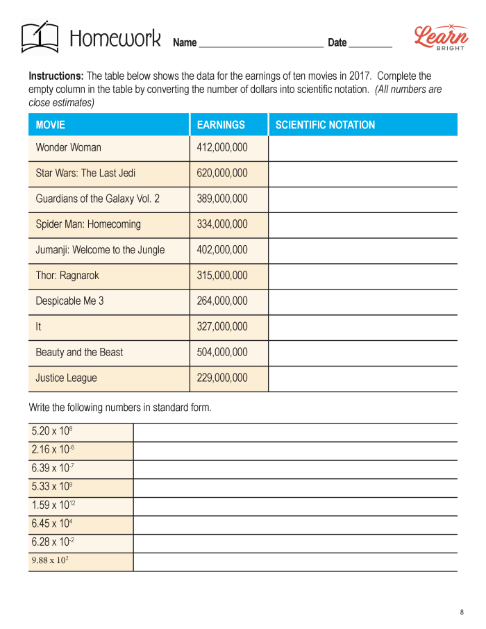 Educational resource for mastering scientific notation and standard form in math Eighth-grade scientific notation worksheet demonstrating number conversion techniques