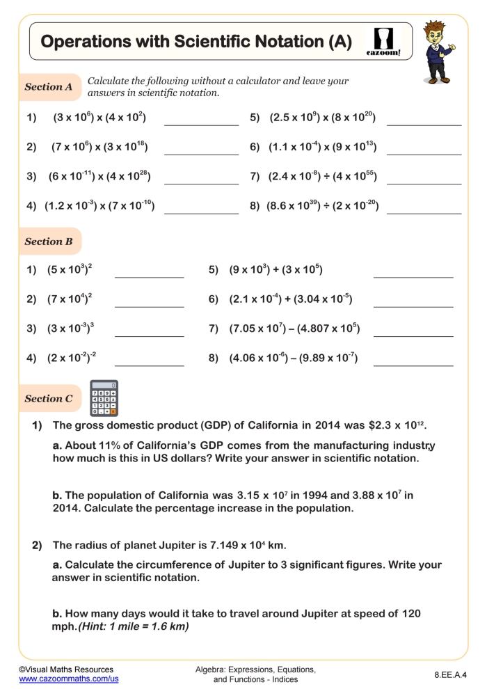 Eighth grade scientific notation conversion guide showing examples of standard form and scientific notation with step-by-step instructions for students