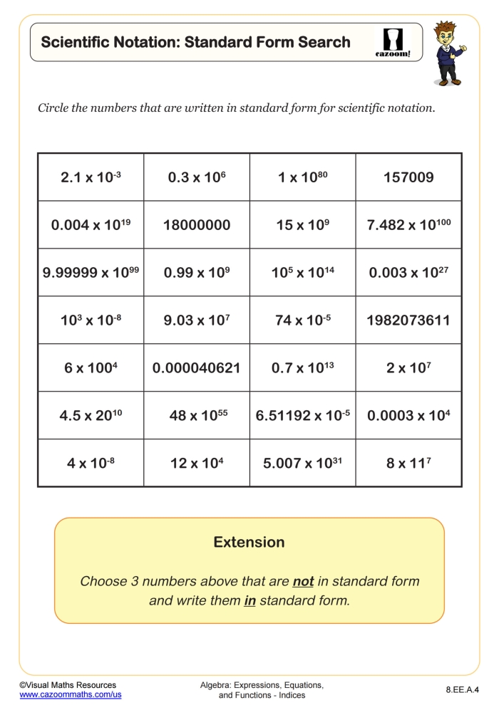 Matching Numbers in Scientific Notation and Standard Form Exercise 9 Eighth grade math worksheet showing scientific notation numbers matched with their standard form equivalents for place value practice