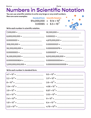 Eighth grade scientific notation handout featuring practice problems on converting between standard form and scientific notation