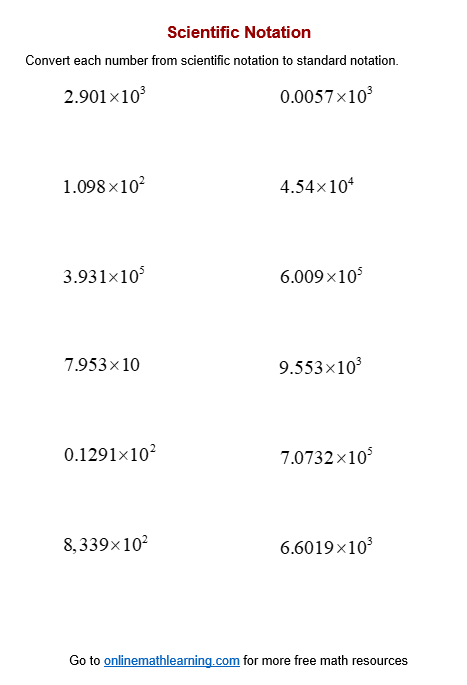Educational resource for mastering scientific notation in math class Eighth-grade worksheet on converting scientific notation to standard form