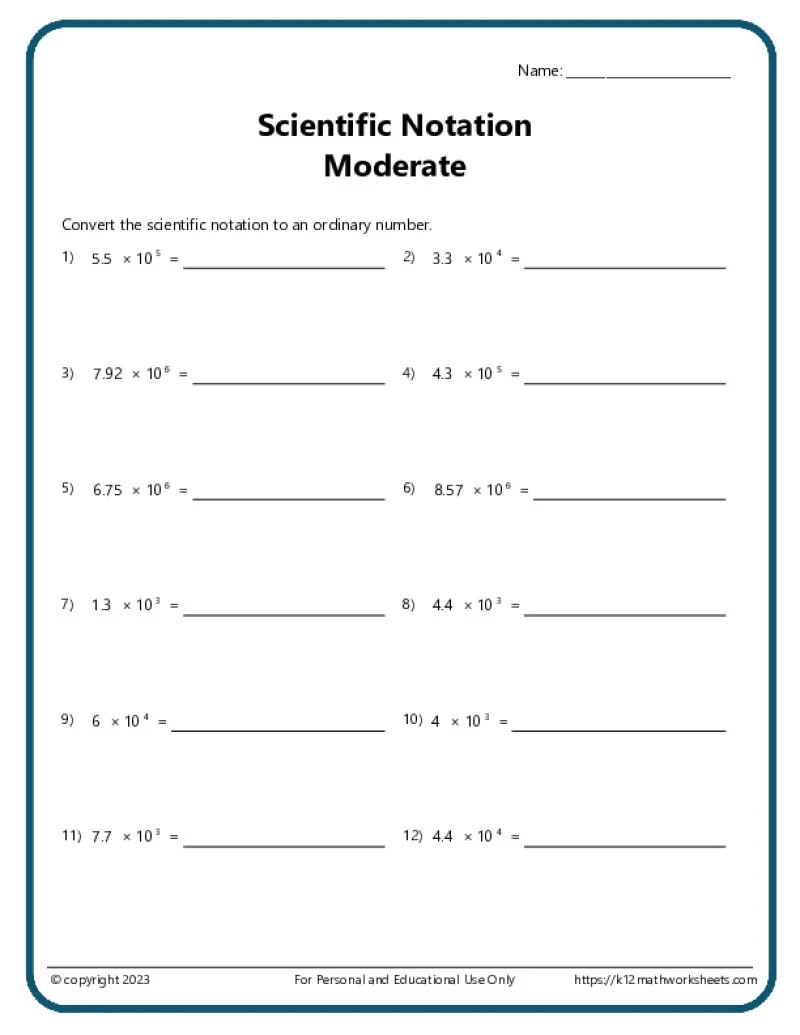 Eighth grade scientific notation handout showing conversion methods between standard form and exponential notation