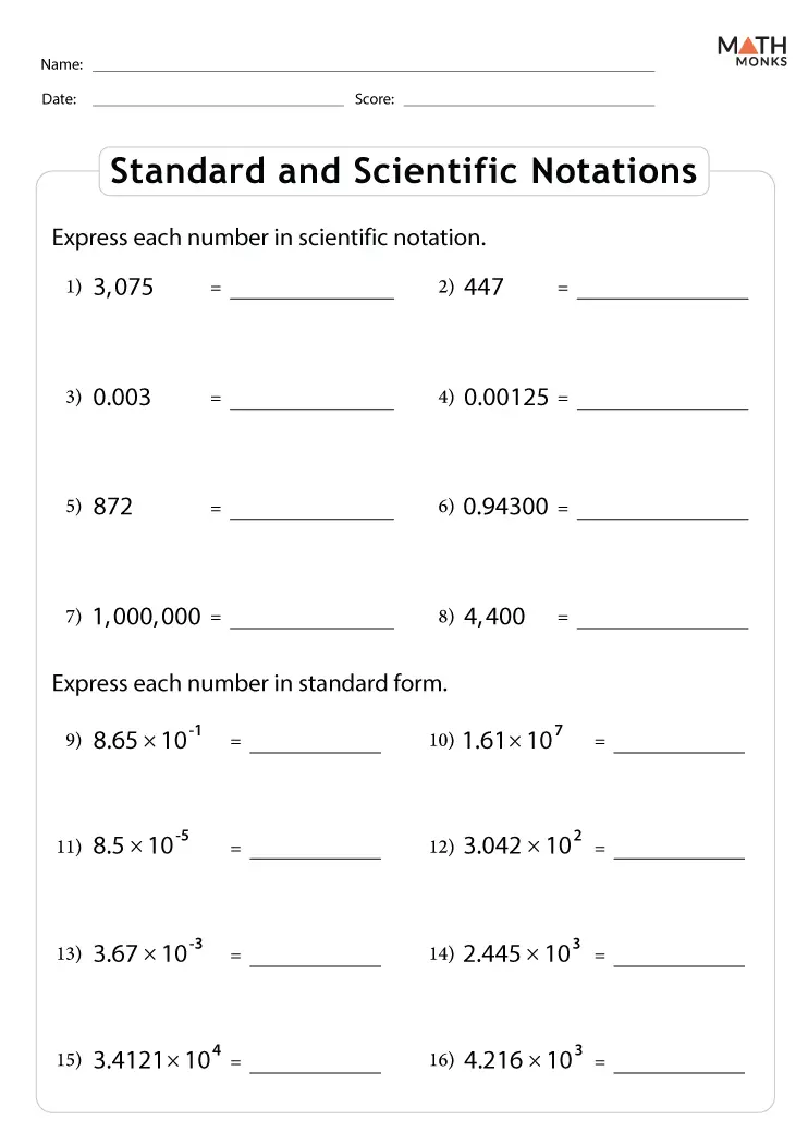 Eighth grade scientific notation handout showing conversion methods between standard form and scientific notation with worked examples