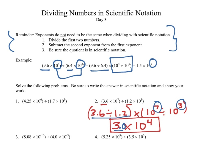 Eighth grade math worksheet showing step-by-step instructions for multiplying and dividing numbers in scientific notation