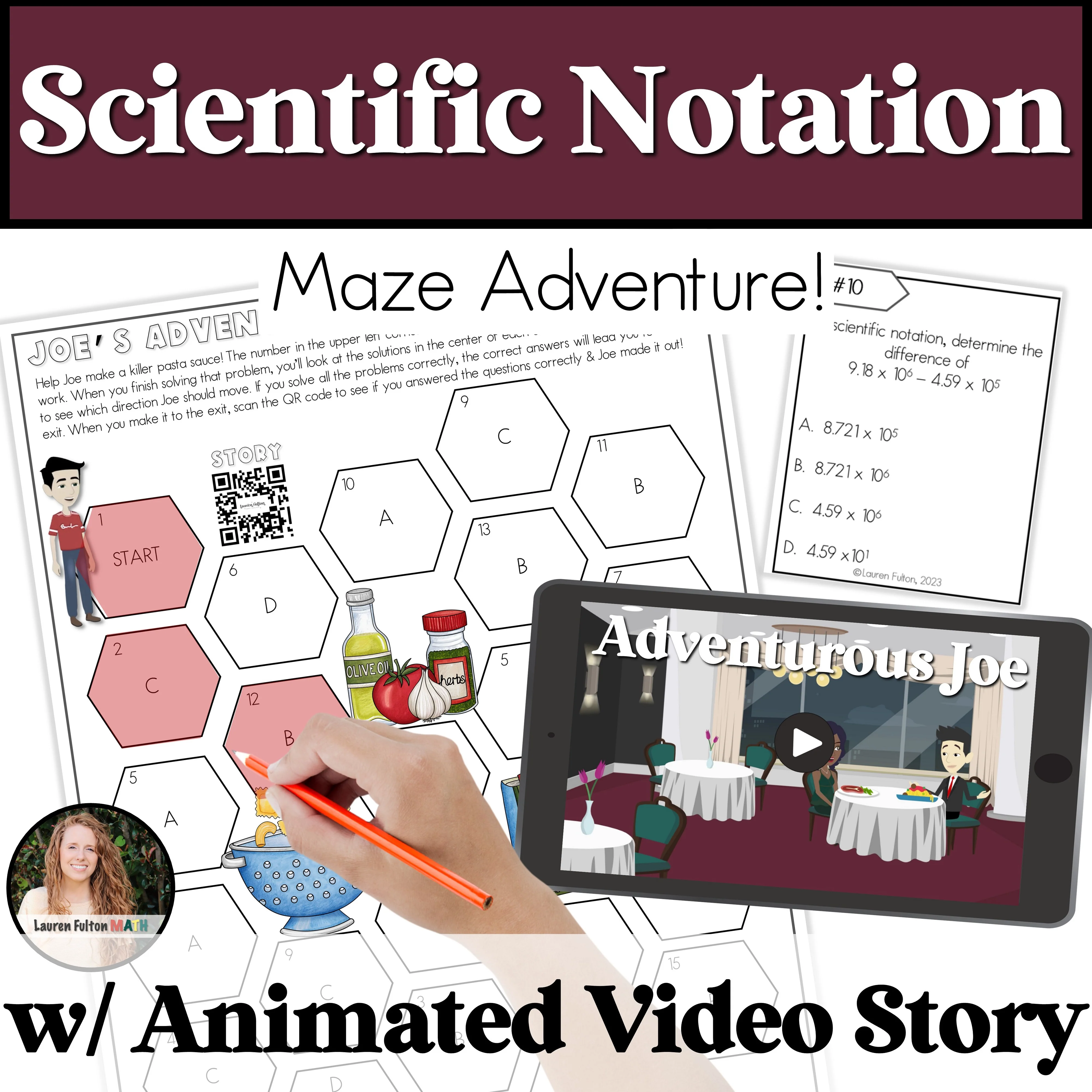 Eighth grade math worksheet featuring a maze where students navigate by converting numbers between scientific notation and standard form
