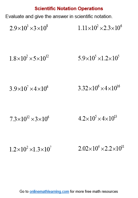 Eighth grade student working through multiplication and division problems using scientific notation on a practice worksheet with detailed steps shown