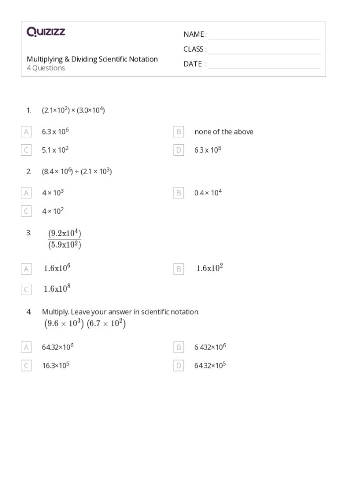 Students solving multiplication and division problems using scientific notation with guided step-by-step examples on a practice worksheet