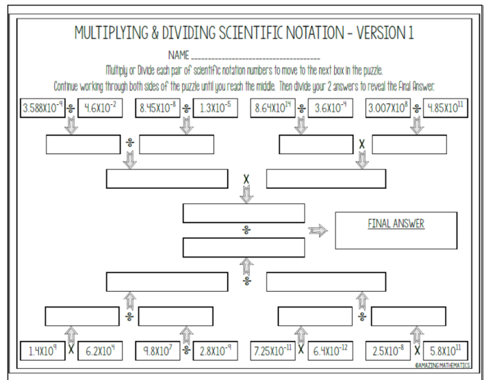 Eighth grade math worksheet showing multiplication and division problems with numbers written in scientific notation format
