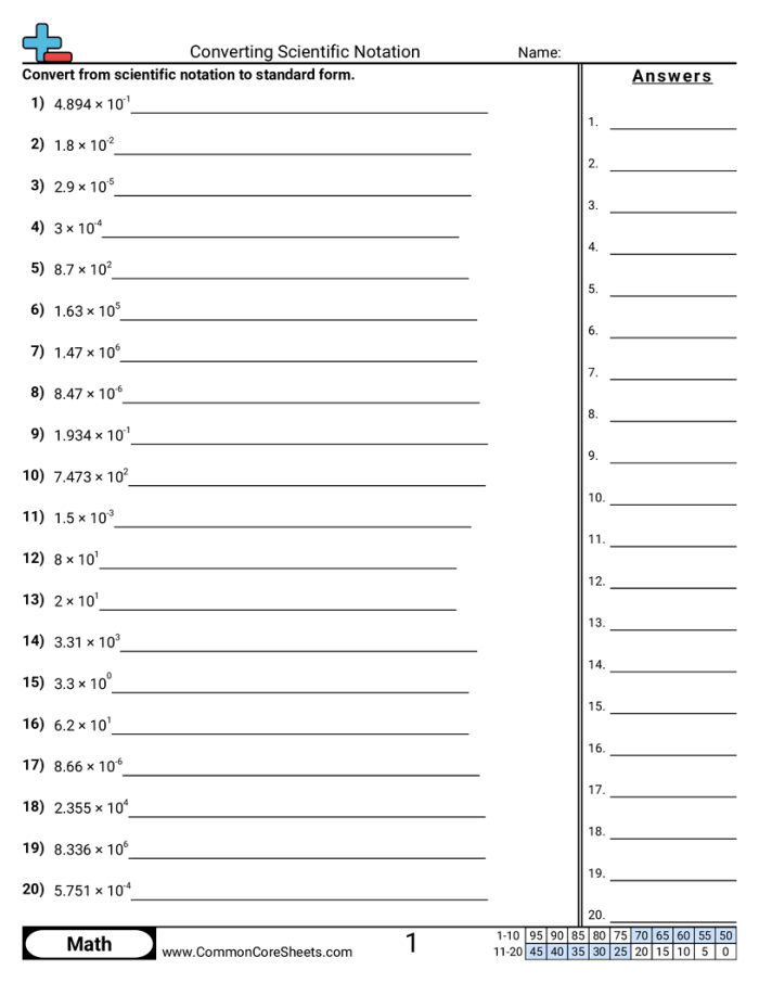 Practice worksheet for operations with scientific notation problems designed for middle school students Eighth grade math worksheet showing problems for adding subtracting multiplying and dividing numbers written in scientific notation format