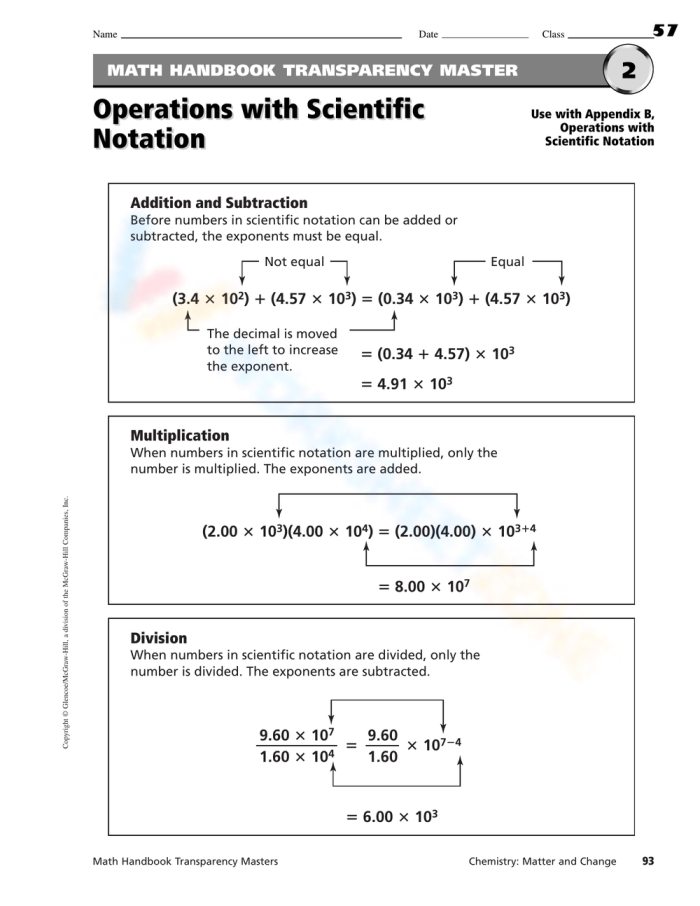 Practice exercises on operations with scientific notation for middle school mathematics students Eighth grade math worksheet showing problems for adding subtracting multiplying and dividing numbers written in scientific notation format