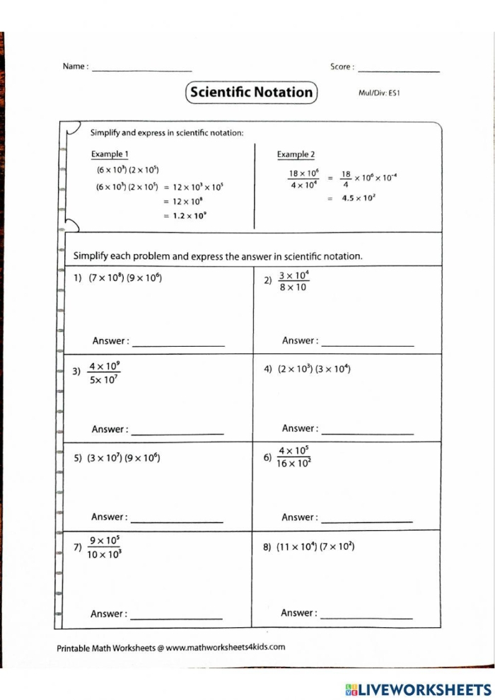 Operations With Numbers in Scientific Notation Practice Problems for Grade 8 Eighth grade math worksheet showing problems for adding subtracting multiplying and dividing scientific notation numbers