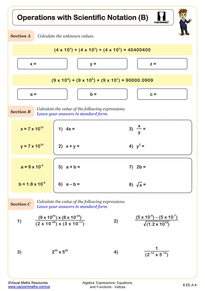 Practice worksheet showing addition subtraction multiplication and division of scientific notation expressions for middle school math Eighth grade student solving operations with numbers in scientific notation problems on a math worksheet