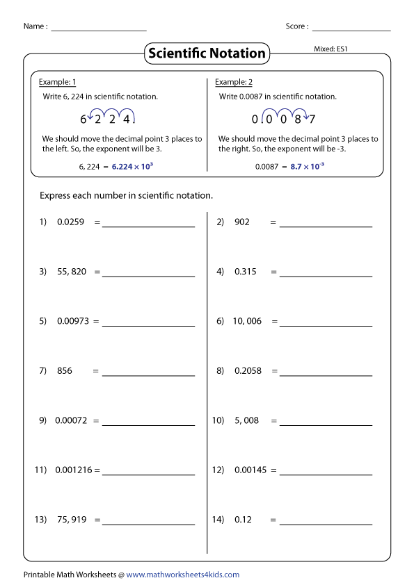 Numbers in Scientific Notation Worksheet 12 Eighth grade worksheet featuring practice problems for converting numbers between standard form and scientific notation