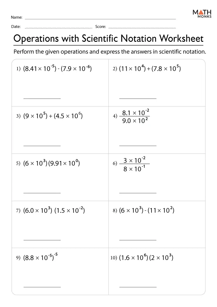 Scientific Notation Practice Worksheet for Grade 8 Math 14 Eighth grade math worksheet focusing on converting between standard form and scientific notation