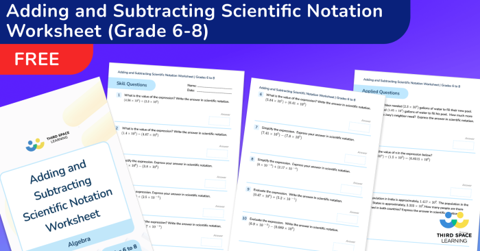 Practice problems for combining scientific notation numbers with detailed solution instructions for division category learning Eighth grade worksheet showing step-by-step examples of adding and subtracting numbers written in scientific notation format