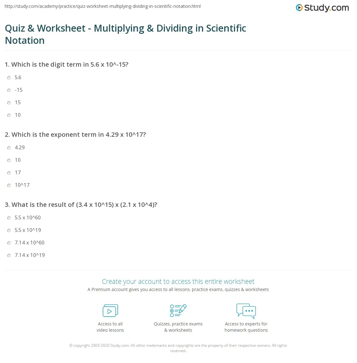 Eighth grade math worksheet focusing on multiplication and division problems for scientific notation