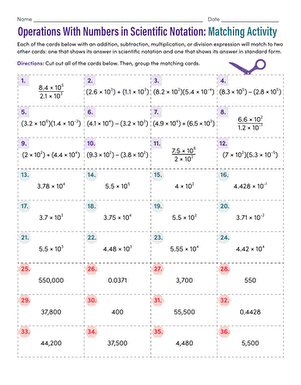 Practice worksheet with operations on numbers written in scientific notation for middle school students Eighth grade math worksheet showing problems for adding subtracting multiplying and dividing scientific notation numbers