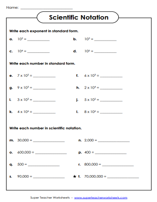 Eighth-grade math worksheet on understanding scientific notation and standard form Worksheet for eighth graders focusing on scientific notation conversion exercises