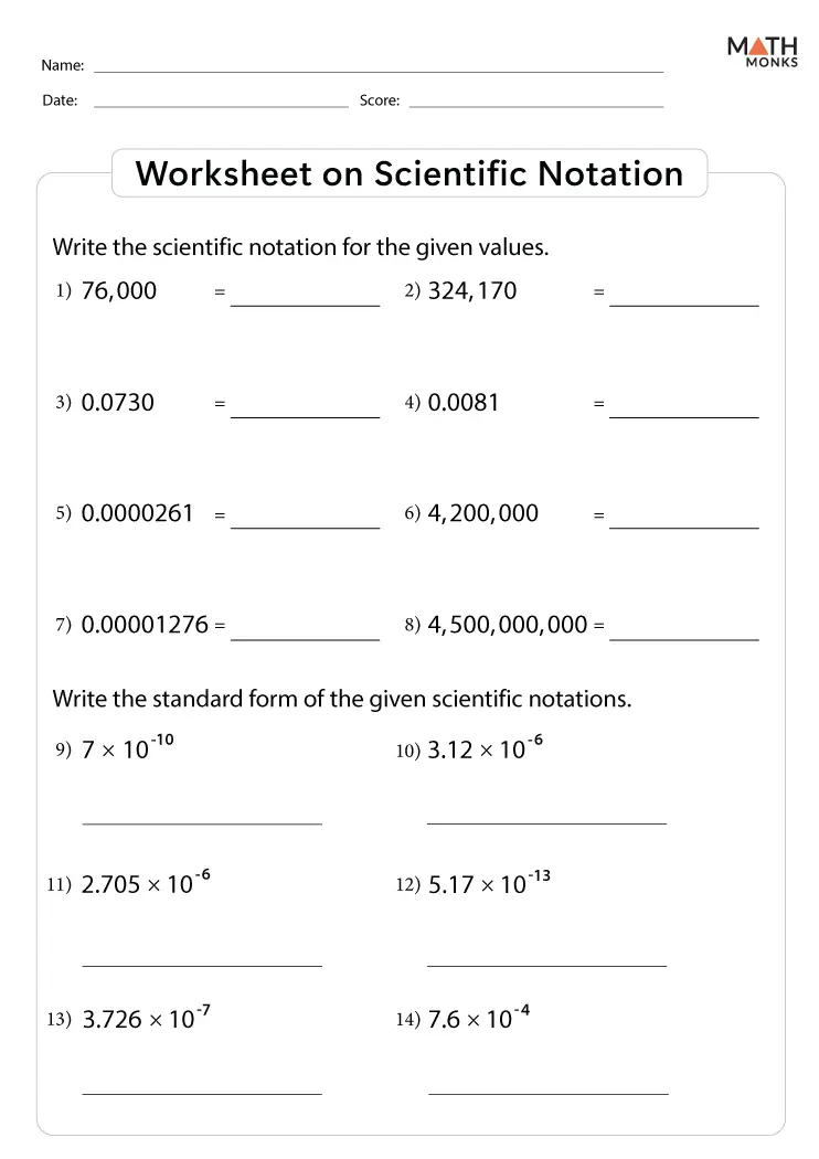 Practice worksheet for mastering addition and subtraction operations with scientific notation expressions Eighth grade worksheet showing step-by-step examples of adding and subtracting numbers written in scientific notation format