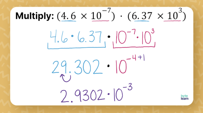 Eighth grade math worksheet focusing on multiplying and dividing scientific notation problems with guided steps