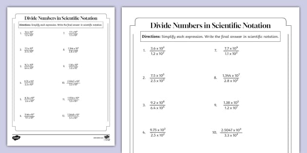 Eighth grade math worksheet focusing on multiplying and dividing numbers in scientific notation with step-by-step guidance