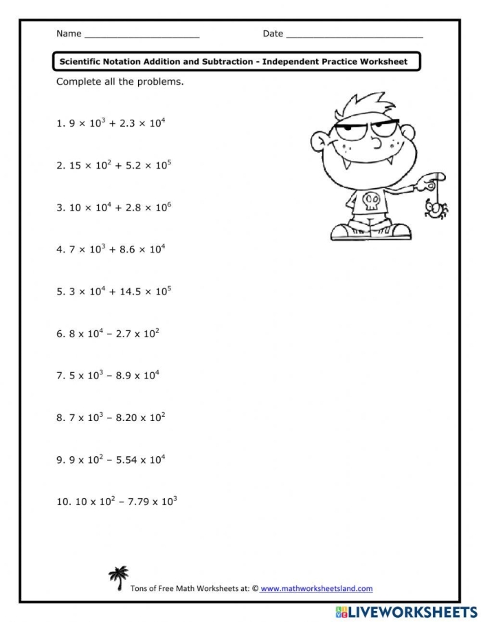 Practice worksheet for addition and subtraction of scientific notation problems 5 Eighth grade math worksheet showing how to add and subtract numbers in scientific notation