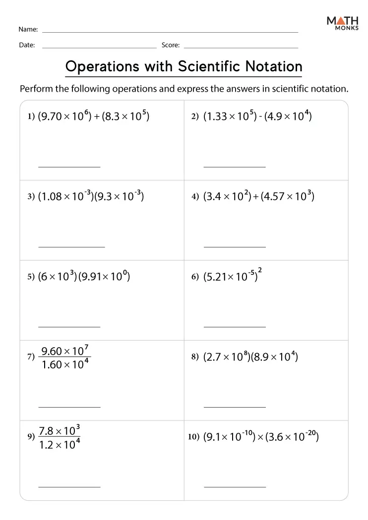 Practice worksheet for operations with scientific notation problems and solutions for middle school students Eighth grade math worksheet showing problems for adding subtracting multiplying and dividing scientific notation numbers