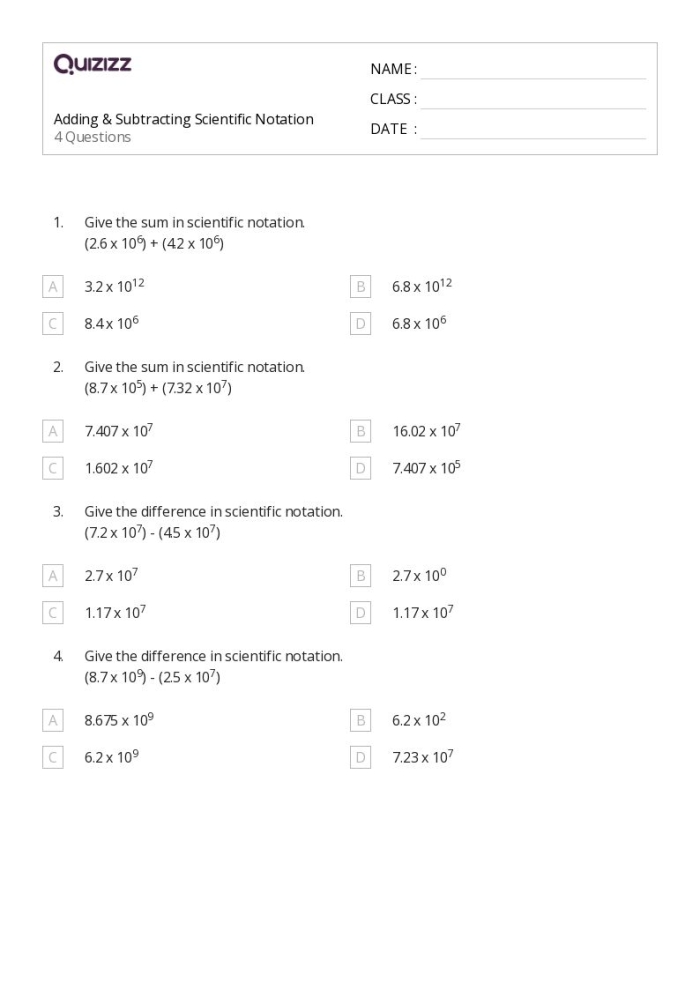 Practice worksheet showing step-by-step examples for combining and finding differences between scientific notation expressions Eighth grade students solving addition and subtraction problems with numbers expressed in scientific notation format