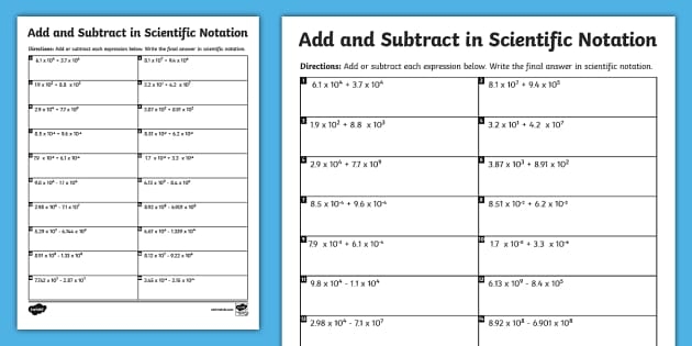 Scientific Notation Practice Worksheet Number 17 Adding and Subtracting Problems Eighth grade worksheet for practicing the addition and subtraction of numbers in scientific notation