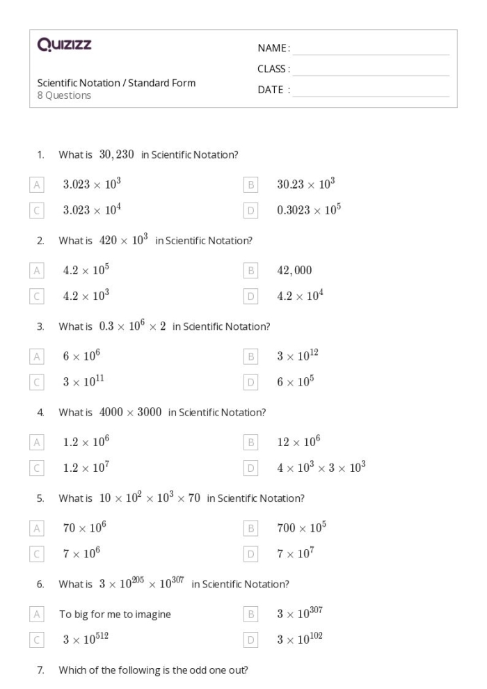 Matching Numbers in Scientific Notation and Standard Form Worksheet 17 Eighth grade math worksheet showing problems that match scientific notation values to their standard form counterparts