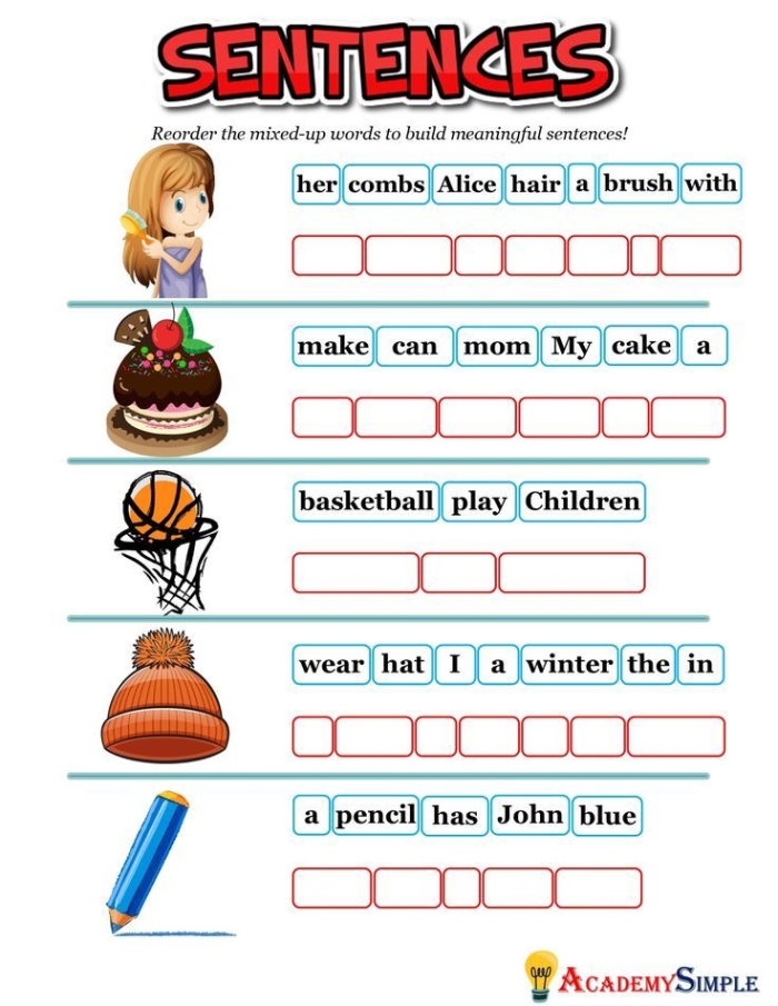 Colorful worksheet featuring a scrambled sentence activity about crazy cakes for second graders