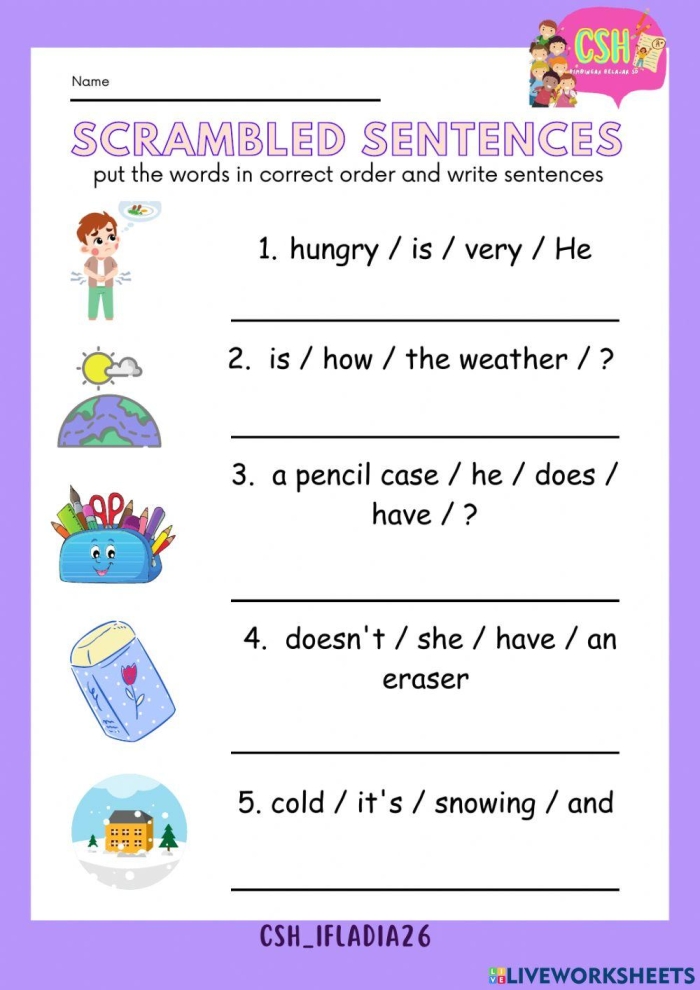 Scrambled Sentences worksheet featuring fun cake sentence building for second graders
