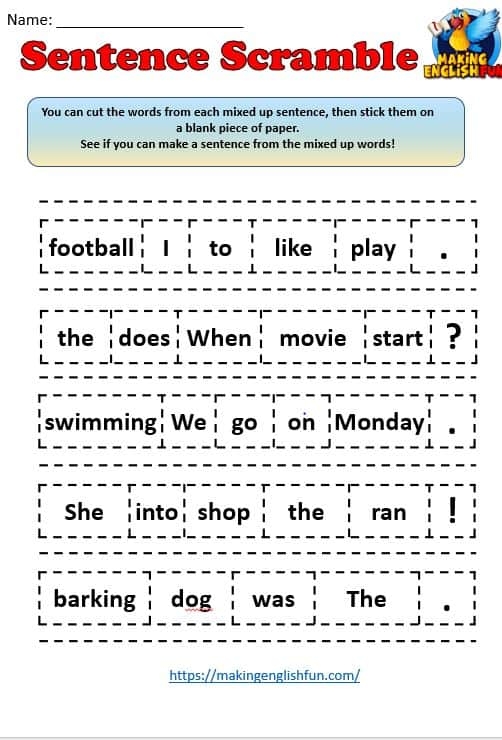 Colorful worksheet featuring scrambled sentences about crazy cakes for second graders