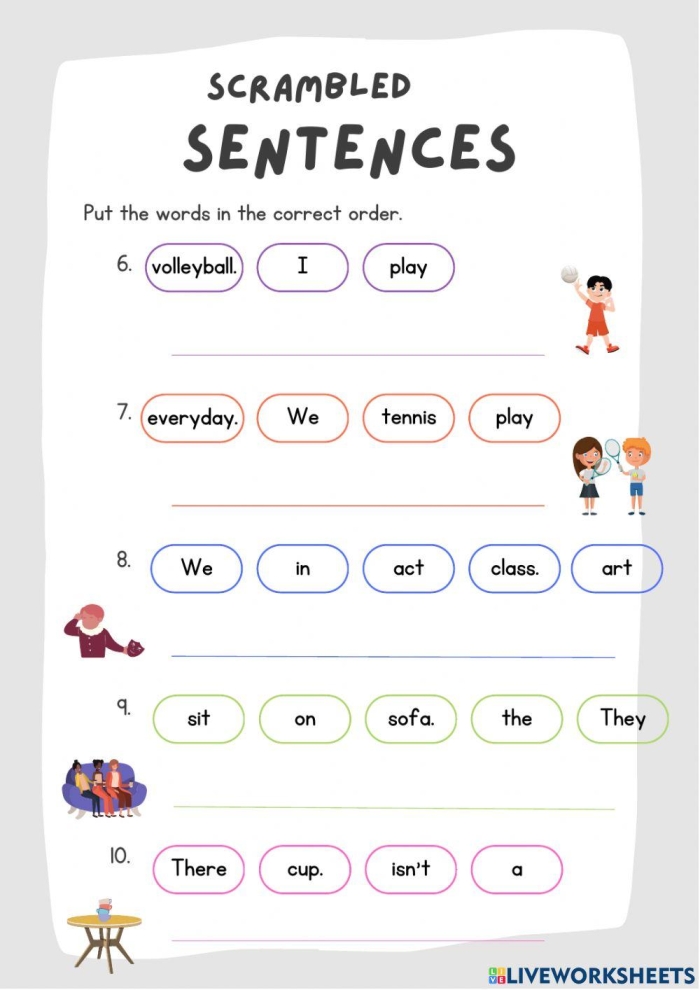 Colorful worksheet featuring scrambled sentences about crazy cakes for second graders