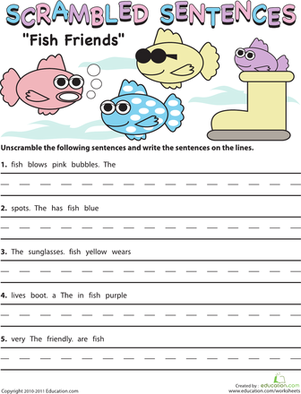 Colorful worksheet featuring scrambled sentences about crazy cakes for second graders