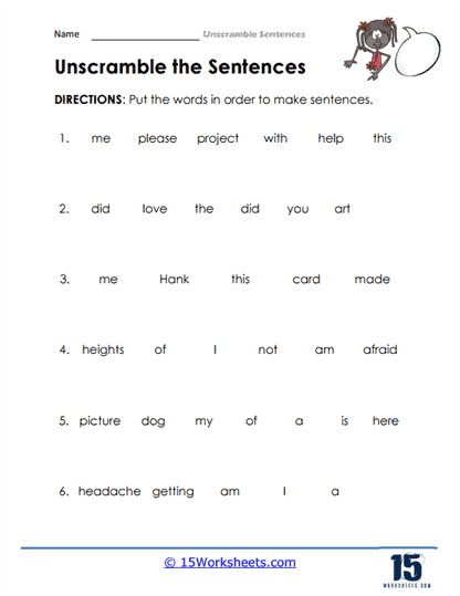 Students working on the Crazy Cakes scrambled sentences worksheet for second grade writing skills