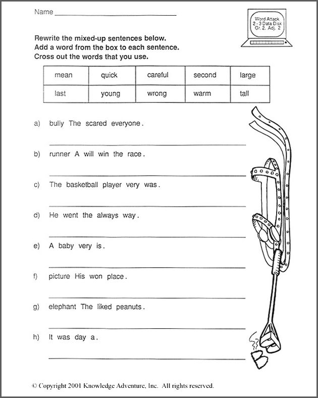 Colorful worksheet featuring scrambled sentences about crazy cakes for second graders