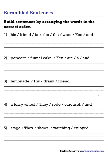 Students working on a Scrambled Sentences worksheet featuring crazy cake phrases