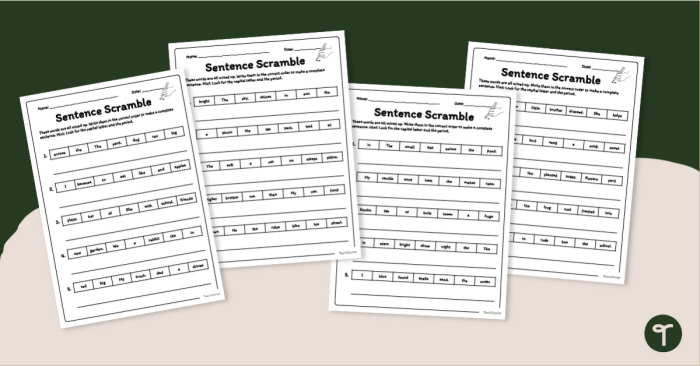 Children working on a Scrambled Sentences worksheet featuring crazy cake themes